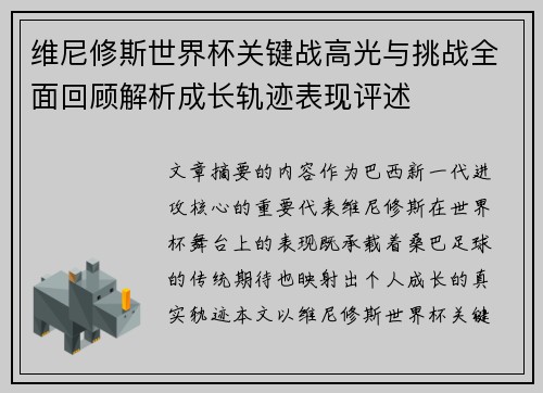 维尼修斯世界杯关键战高光与挑战全面回顾解析成长轨迹表现评述