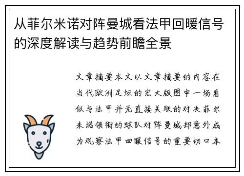 从菲尔米诺对阵曼城看法甲回暖信号的深度解读与趋势前瞻全景
